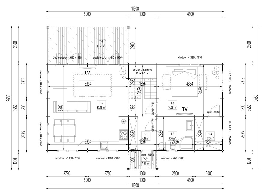 Wooden summerhouse Versailles 11.9 m x 9.65 m - Floor plan