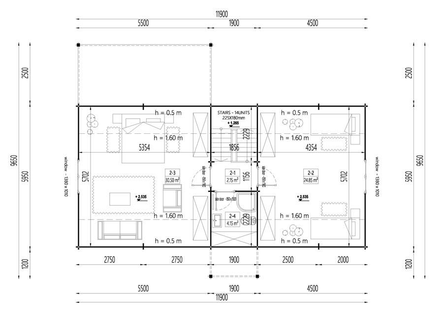 Wooden summerhouse Versailles 11.9 m x 9.65 m -Floor plan 2