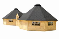 Twin Octagon Hut with Corridor (2 × 16.5 m² + 5.78 m²) – 38.8 m²