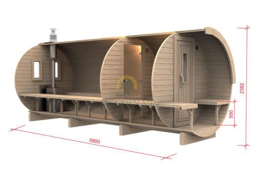 Sauna barrel 5.9 m Ø 2.27 m (with 1.5m changing room)