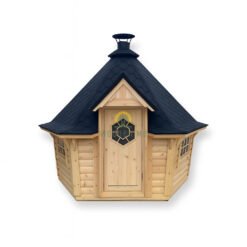 Front view of hexagonal wooden BBQ Hut with octagonal window and black roof on white background