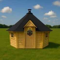 Hexagonal wooden BBQ Hut with black shingle roof situated in a green field under a blue sky