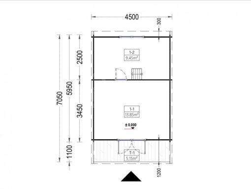 Wooden cabin TIPI (4.5m x 7m) + 5.1m² mezzanine, 44 mm