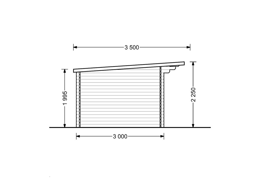 Flat roof wooden cabin Lille (4m x 3m), 34 mm - Side view