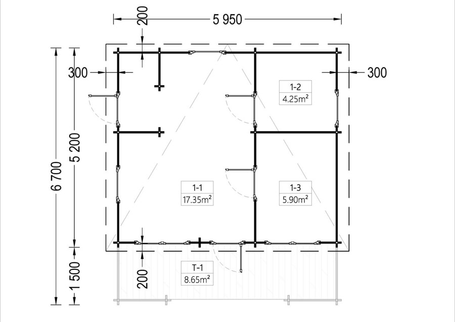 Flat roof wooden summerhouse Alto (6m x 6.7m) + 8 m² terrace - floor plan