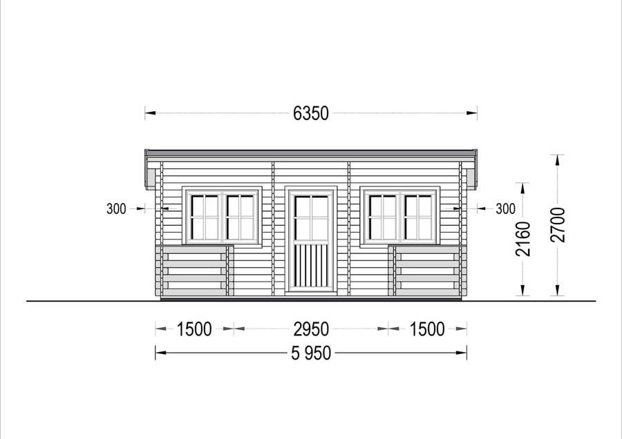 Flat roof wooden summerhouse Alto (6m x 6.7m) + 8 m² terrace - front view