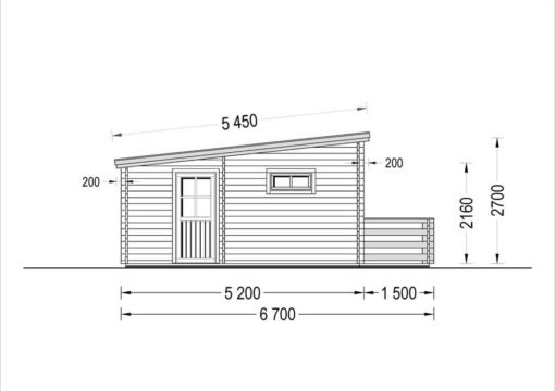 Flat roof wooden summerhouse Alto (6m x 6.7m) + 8 m² terrace - side view