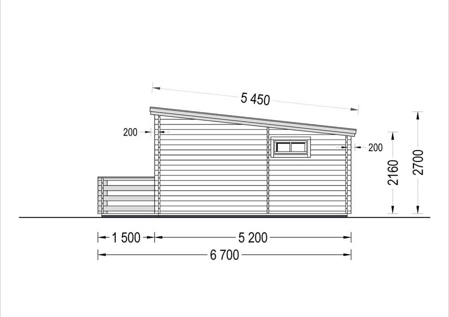 Flat roof wooden summerhouse Alto (6m x 6.7m) + 8 m² terrace - side view