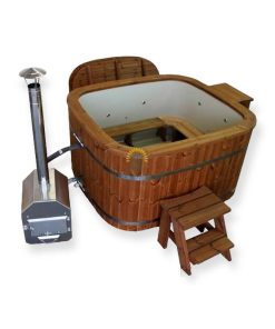 Square hot tub with wooden benches