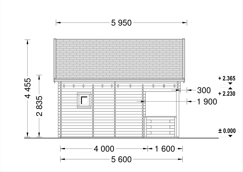 Wooden cabin ALBI (5.6m x 5m) + terrace - side view