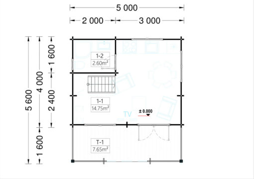 Wooden cabin ALBI (5.6m x 5m) + terrace - floor plan