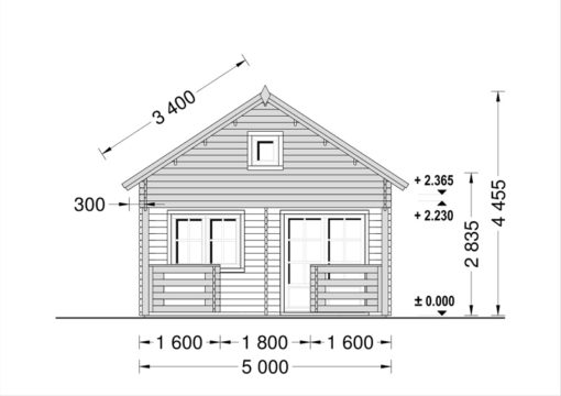 Wooden cabin ALBI (5.6m x 5m) + terrace - front view