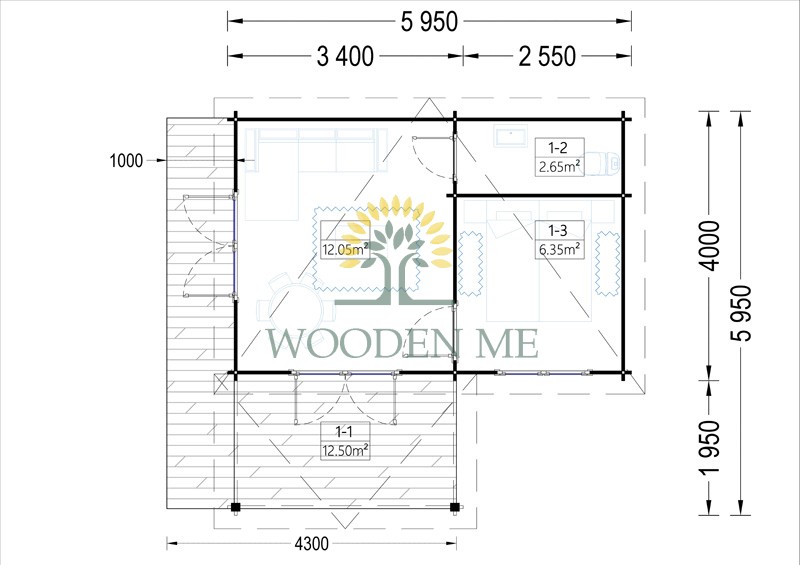Wooden cabin HELEN (6m x 4m) - floor plan