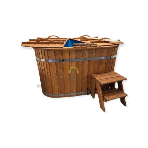 Square hot tub with plastic bench
