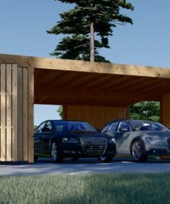 Double wooden carport with shed and side wall LUNA DUO F PLUS (7,6×5,6 m)