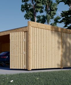 Double wooden carport with shed and side wall LUNA DUO F PLUS (7,6×5,6 m)