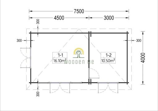 Wooden cabin MAJA (44 mm), 7.5x4 m, 30 m²