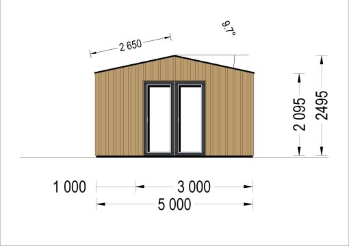 Garden office TINA (34 mm + wooden paneling), 5.5x5 m, 22 m²
