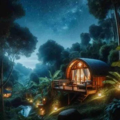 camping cabin in the night