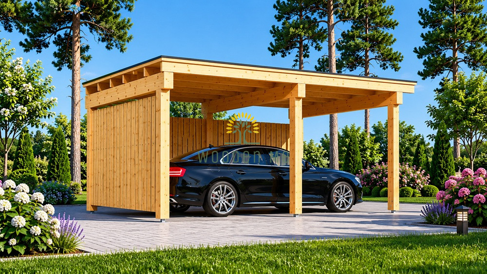 Wooden Carport LUNA F with L-Shaped Wall (3.2 x 6 m)