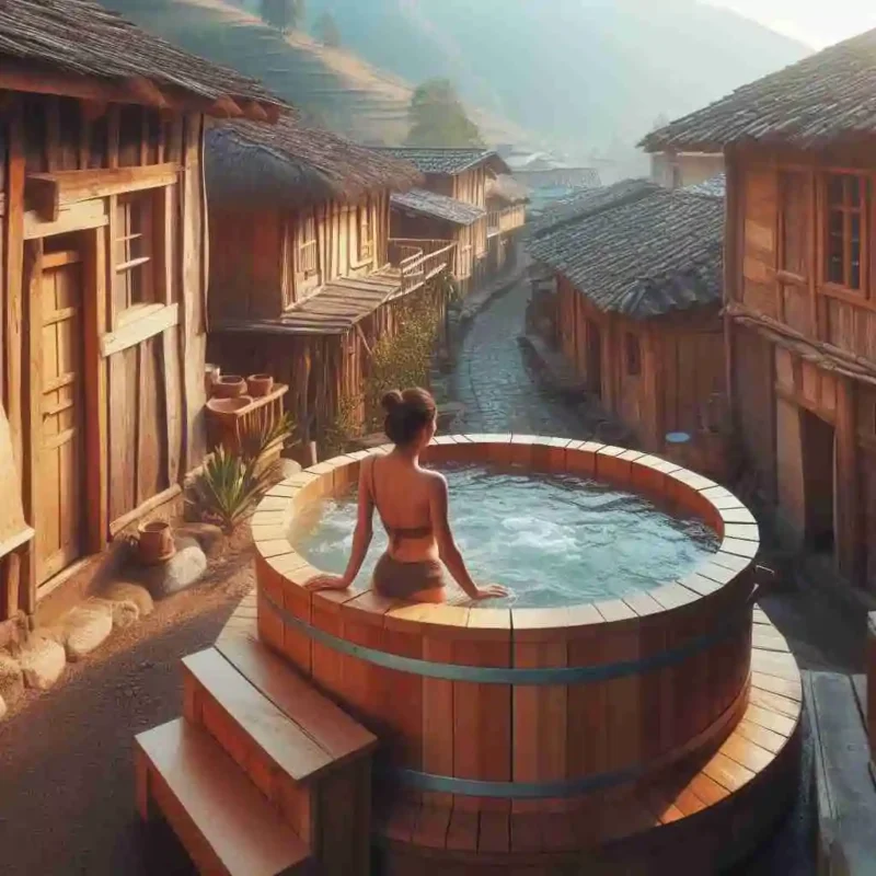 A woman is enjoying a hot tub in the countryside
